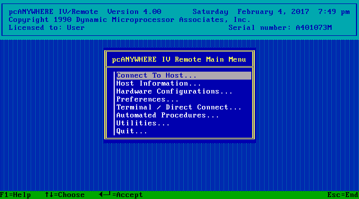 pcANYWHERE IV 4.00 - Menu